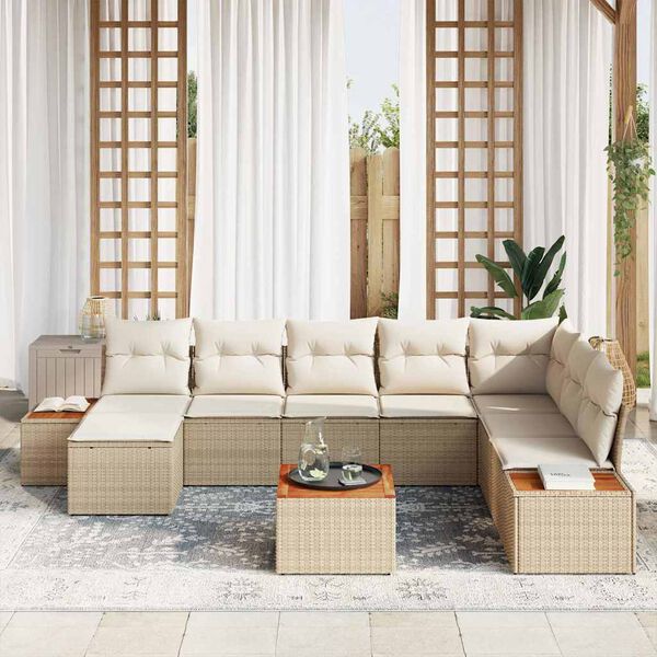 vidaXL Conjunto de Sof&aacute; de Jardim 9 pcs Bege e Creme Polirattan