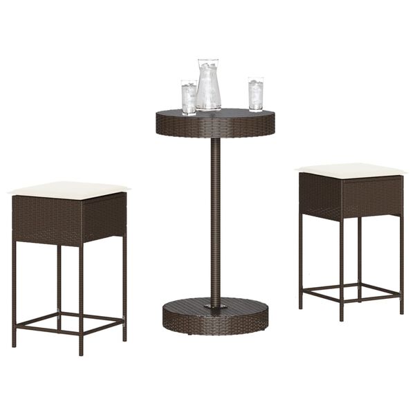 vidaXL 3 pcs conjunto de bar p/ jardim com almofad&otilde;es vime PE castanho