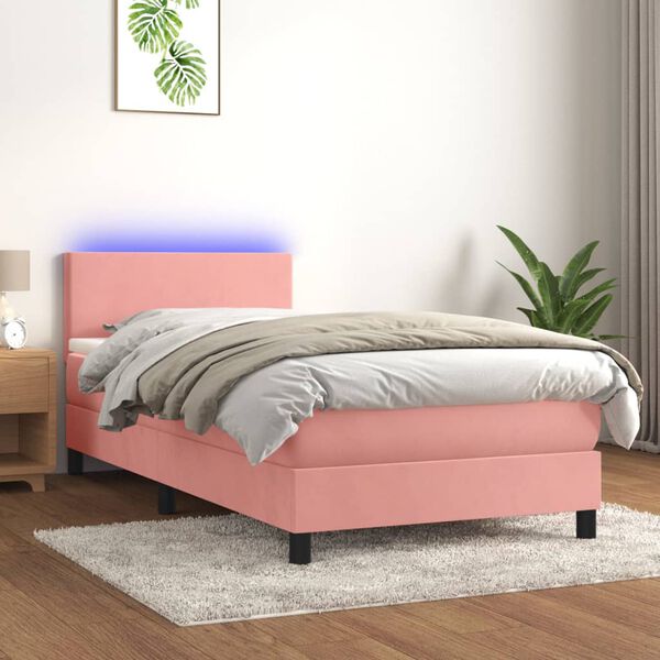 vidaXL Cama box spring c/ colch&atilde;o/LED 100x200 cm veludo rosa