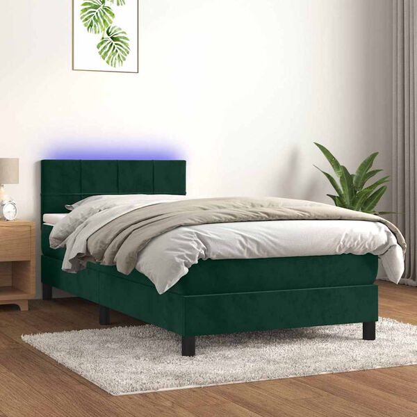 vidaXL Cama box spring c/ colch&atilde;o/LED 100x200 cm veludo verde-escuro