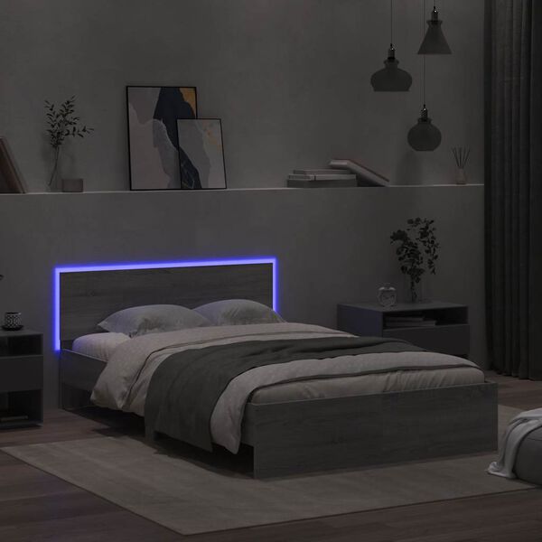 vidaXL Estrutura cama c/ cabeceira/luzes LED 140x190cm cinzento sonoma