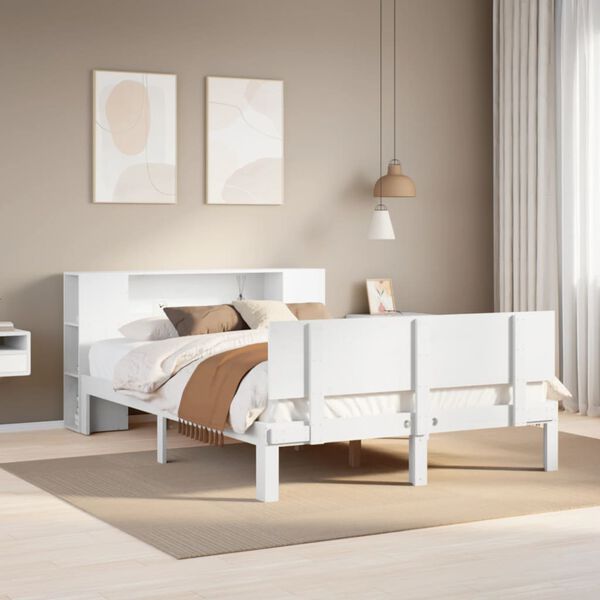 vidaXL Cama com estante sem colchão 160x200 cm pinho maciço branco