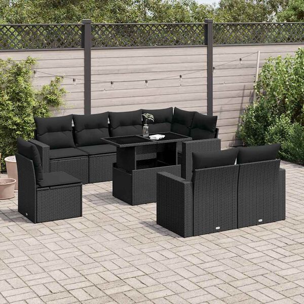 vidaXL 9 pcs conjunto de sof&aacute;s p/ jardim c/ almofad&otilde;es vime PE preto