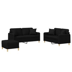 vidaXL 3 pcs conjunto de sof&aacute;s com almofadas tecido preto