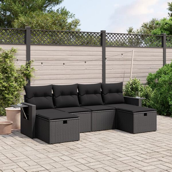 vidaXL 6 pcs conjunto sof&aacute;s de jardim c/ almofad&otilde;es vime PE preto