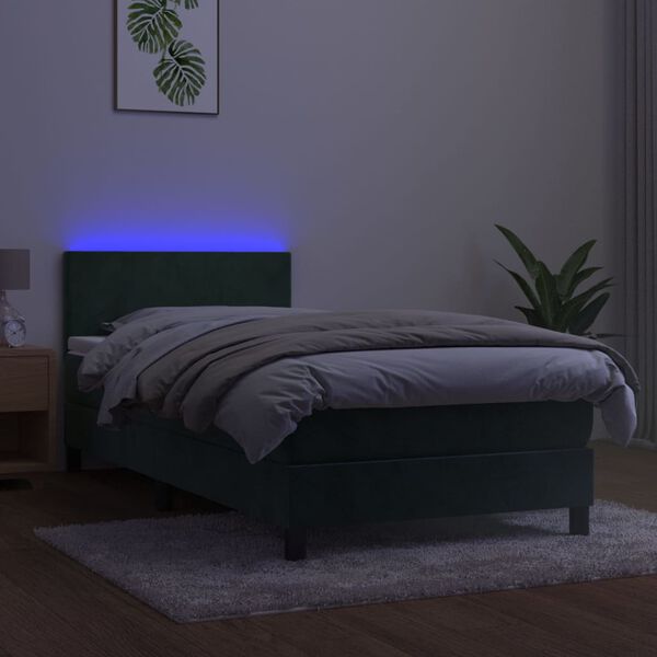 vidaXL Cama box spring c/ colch&atilde;o/LED 90x190 cm veludo verde-escuro