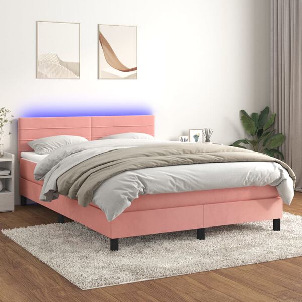 vidaXL Cama box spring c/ colch&atilde;o/LED 140x200 cm veludo rosa