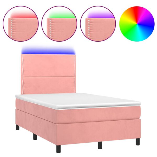 vidaXL Cama box spring c/ colch&atilde;o/LED 120x200 cm veludo rosa