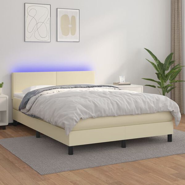 vidaXL Cama box spring c/ colch&atilde;o/LED 140x200cm couro artificial creme