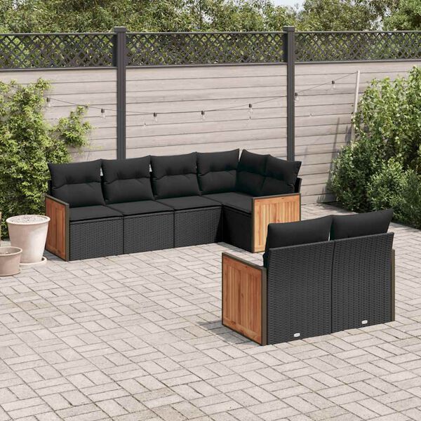 vidaXL 7 pcs conjunto de sof&aacute;s p/ jardim c/ almofad&otilde;es vime PE preto