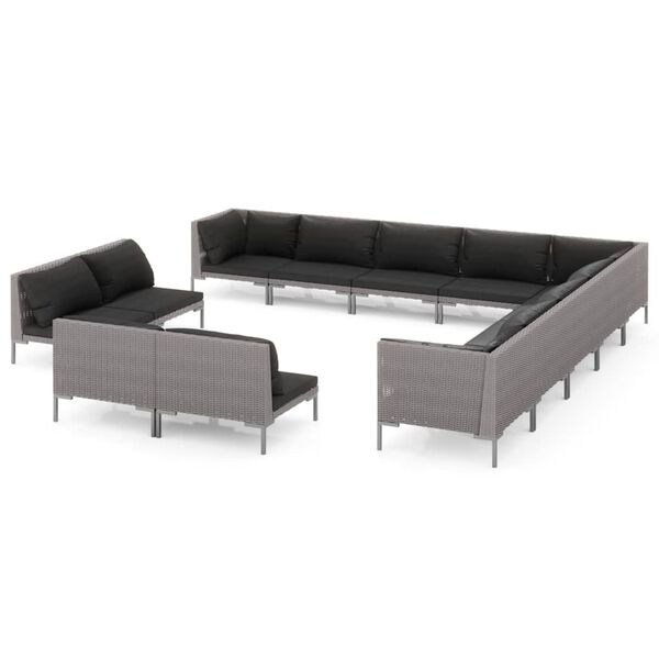 vidaXL 13 pcs conj. lounge jardim c/ almofad&otilde;es vime PE cinza escuro