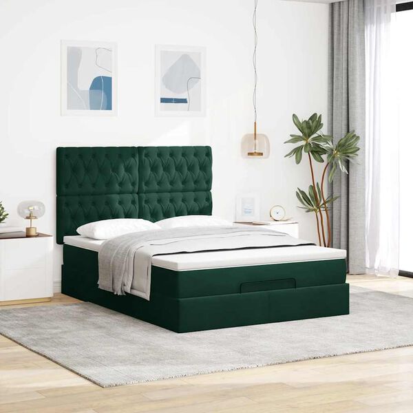 vidaXL Estrutura cama otomana colch&otilde;es 140x200 cm veludo verde escuro