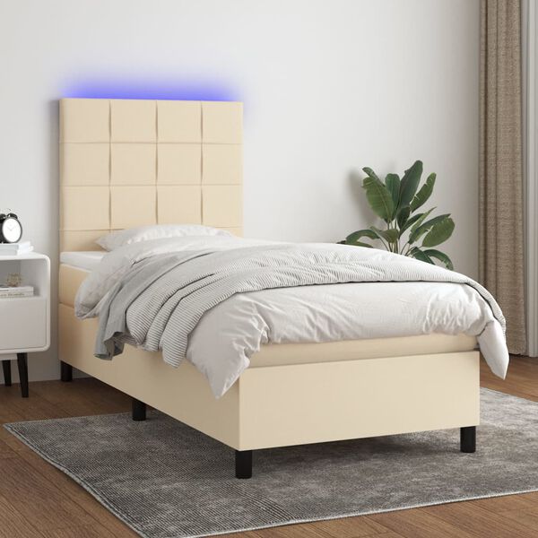 vidaXL Cama box spring c/ colch&atilde;o e LED 90x190 cm tecido cor creme