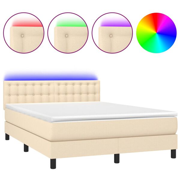 vidaXL Cama box spring c/ colch&atilde;o e LED 140x190 cm tecido cor creme