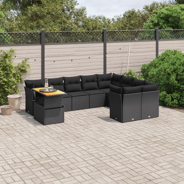 vidaXL 10 pcs conjunto sofás de jardim c/ almofadões vime PE preto
