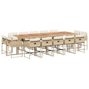 vidaXL 15 pcs conjunto de jantar p/ jardim com almofad&otilde;es vime PE bege