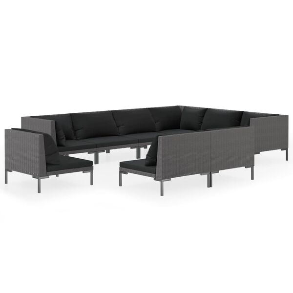 vidaXL 9 pcs conj. lounge jardim c/ almofad&otilde;es vime PE cinzento-escuro