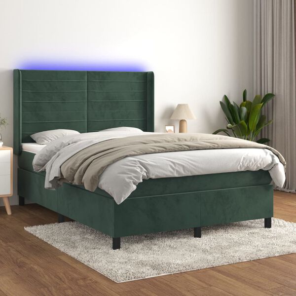 vidaXL Cama box spring c/ colch&atilde;o/LED 140x190 cm veludo verde-escuro