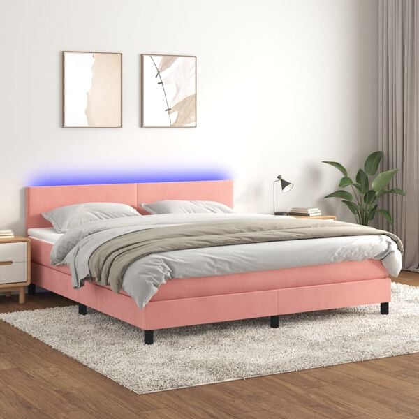 vidaXL Cama box spring c/ colch&atilde;o/LED 160x200 cm veludo rosa
