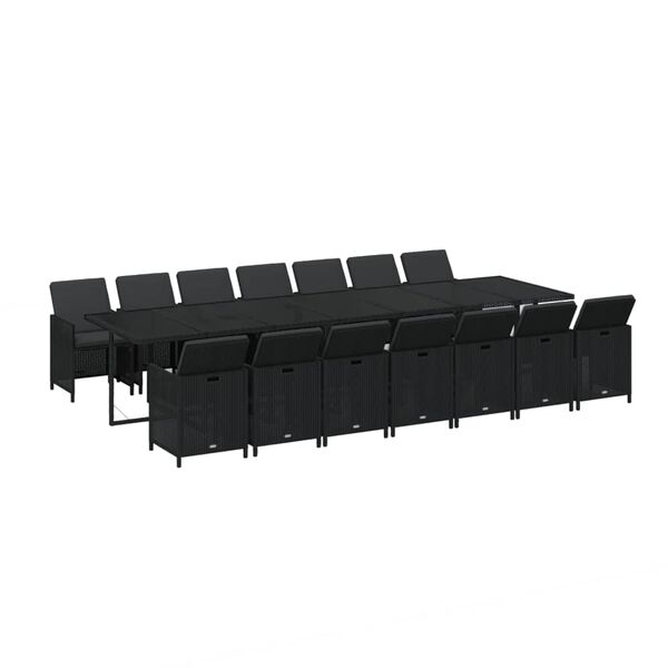 vidaXL 15 pcs conjunto jantar p/ jardim c/ almofad&otilde;es vime PE preto
