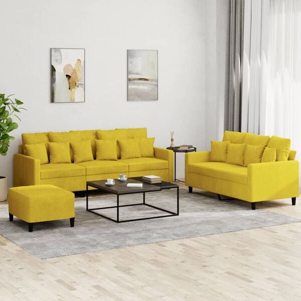 vidaXL 3 pcs conjunto de sof&aacute;s com almofad&otilde;es veludo amarelo