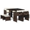 vidaXL 9 pcs conjunto jantar p/ jardim c/ almofad&otilde;es vime PE castanho