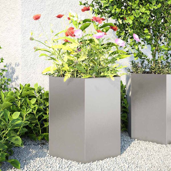 vidaXL Vasos floreiras de jardim 2 pcs hexagonal 46x40x45 cm a&ccedil;o inox.
