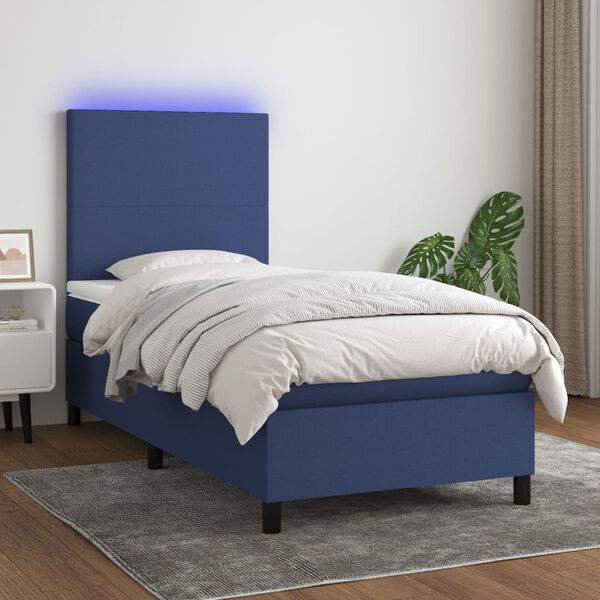 vidaXL Cama box spring c/ colch&atilde;o e LED 90x200 cm tecido azul