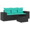 vidaXL Conjunto de sof&aacute; de jardim com 4 pe&ccedil;as e almofadas em rattan sint&eacute;tico preto