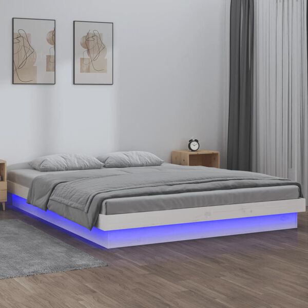 vidaXL Estrutura de cama com LEDs 200x200 cm pinho maci&ccedil;o branco