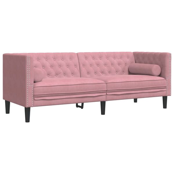 vidaXL Sof&aacute; chesterfield com rolos 3 lugares veludo rosa