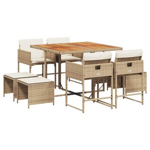 vidaXL 9 pcs conjunto de jantar p/ jardim com almofad&otilde;es vime PE bege
