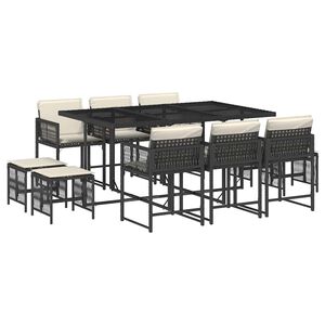 vidaXL 11 pcs conjunto de jantar p/ jardim c/ almofad&otilde;es vime PE preto