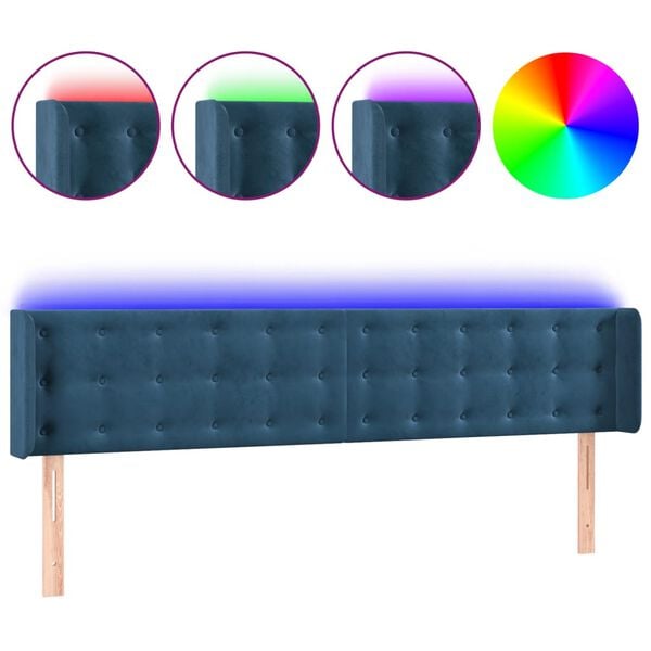 vidaXL Cabeceira cama c/ luzes LED veludo 163x16x78/88 cm azul-escuro