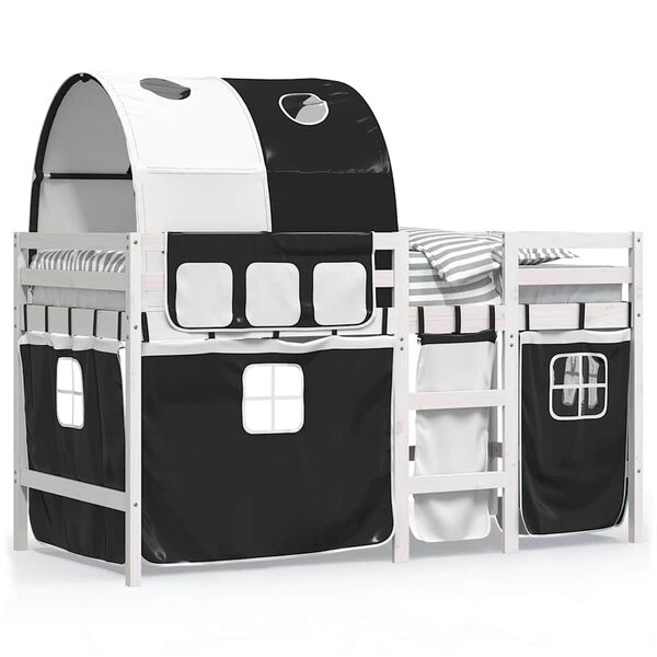 vidaXL Cama alta crian&ccedil;a c/ t&uacute;nel 90x190 cm pinho maci&ccedil;o branco/preto