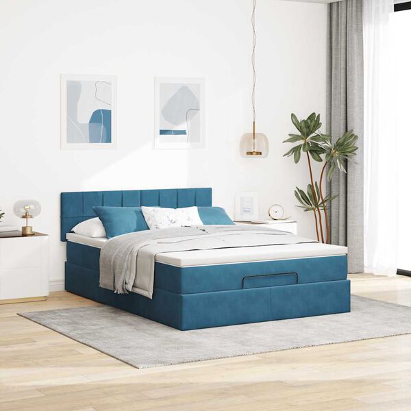 vidaXL Estrutura de cama otomana com colch&atilde;o 140x200 cm azul escuro