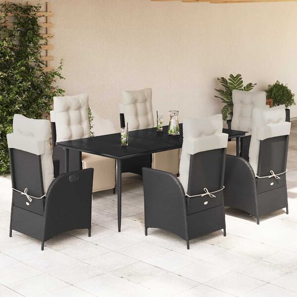 vidaXL 7 pcs conjunto de jantar p/ jardim c/ almofad&otilde;es vime PE preto