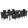 vidaXL 9 pcs conjunto jantar jardim c/ almofad&otilde;es vime PE/vidro preto