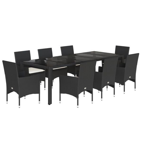 vidaXL 9 pcs conjunto jantar jardim c/ almofad&otilde;es vime PE/vidro preto