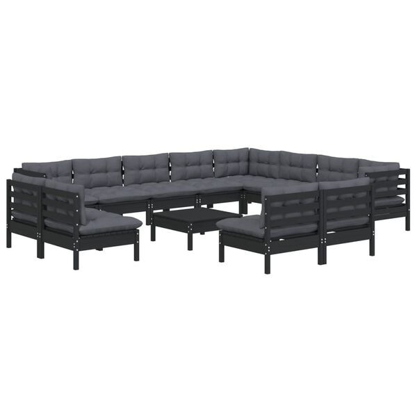 vidaXL 13 pcs conjunto lounge jardim c/ almofadões pinho maciço preto