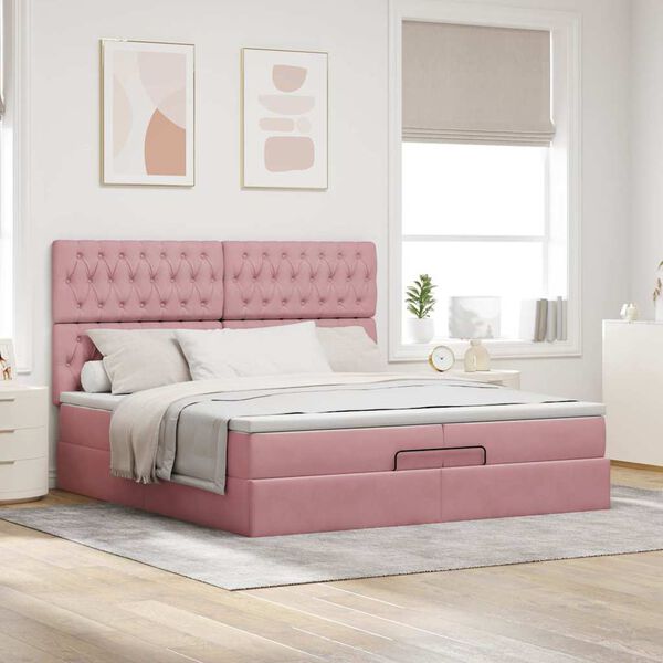 moldura de cama otomana vidaXL com colch&atilde;o rosa 200x200cm Veludo