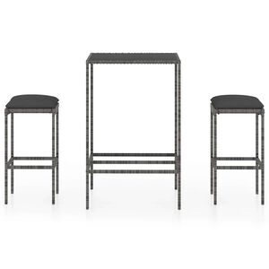 vidaXL 3 pcs conjunto de bar p/ jardim c/ almofad&otilde;es vime PE cinzento