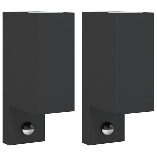 vidaXL Candeeiros parede p/ exterior c/ sensor 2 pcs alum&iacute;nio preto