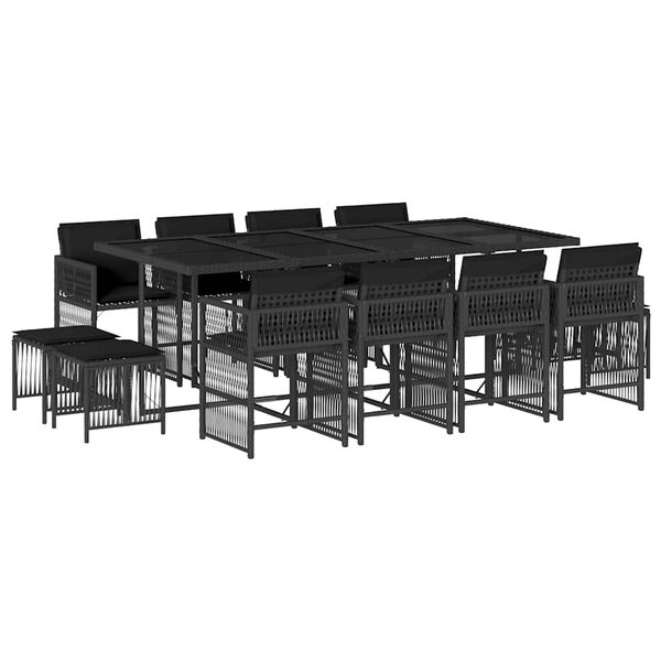 vidaXL 13 pcs conjunto de jantar p/jardim com almofad&otilde;es vime PE preto