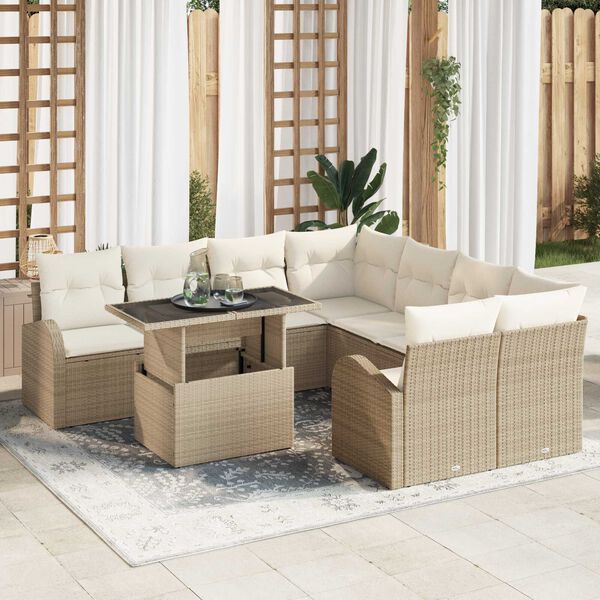 vidaXL Conjunto de Sof&aacute; de Jardim 9 pcs Bege Rattan de Polipropileno