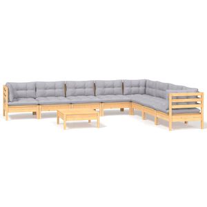 vidaXL 9 pcs conjunto lounge de jardim + almofad&otilde;es cinza pinho maci&ccedil;o