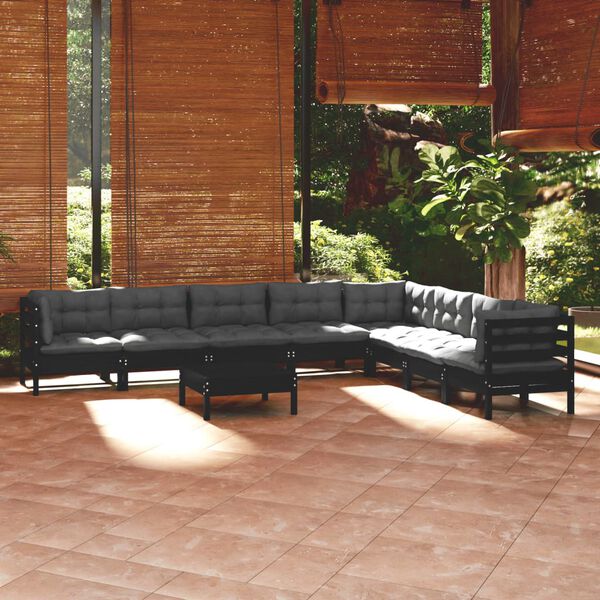 vidaXL 9 pcs conjunto lounge jardim c/ almofad&otilde;es pinho maci&ccedil;o preto