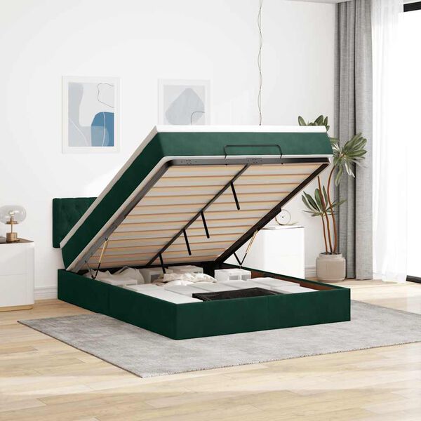 vidaXL Estrutura de cama otomana com colch&atilde;o 140x190cm verde escuro