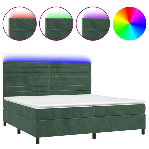 vidaXL Cama box spring c/ colch&atilde;o/LED 200x200 cm veludo verde-escuro