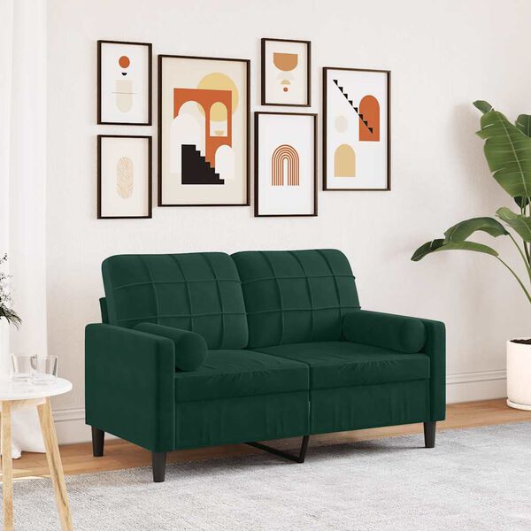 vidaXL Sof&aacute; 2 lug. c/ almofadas decorativas 120 cm veludo verde-escuro